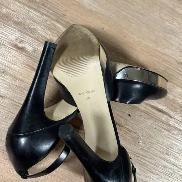 Nine West High-heeled Pumps Black W/ Metallic Gold Platform Pointed Closed Toe - Picture 8 of 9